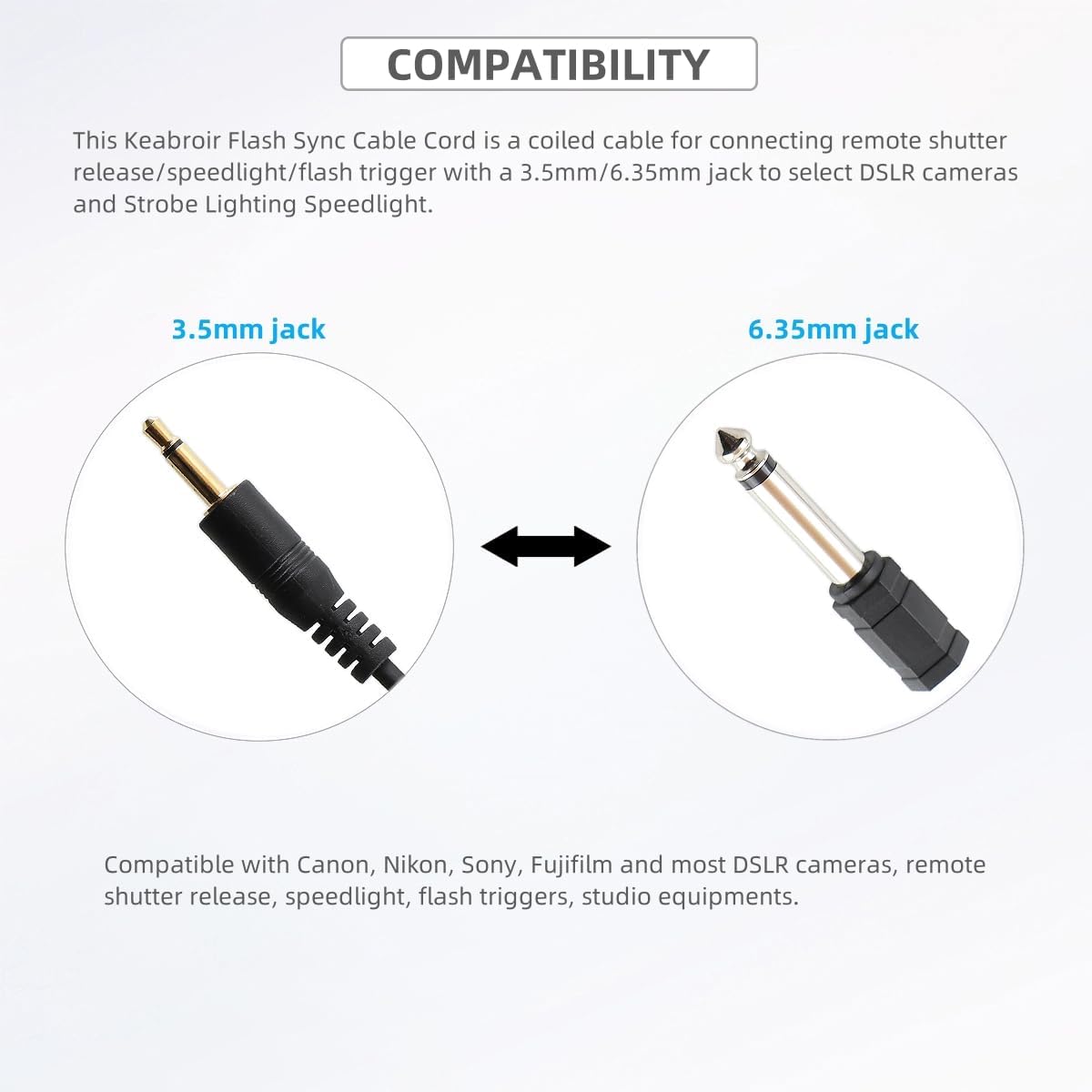 3.5mm to 6.35mm 1/4" Flash Sync Cable Cord Camera Strobe Lighting Speedlight Trigger Connect Spring Coiled Wire for Camera Studio Strobe Lighting Trigger
