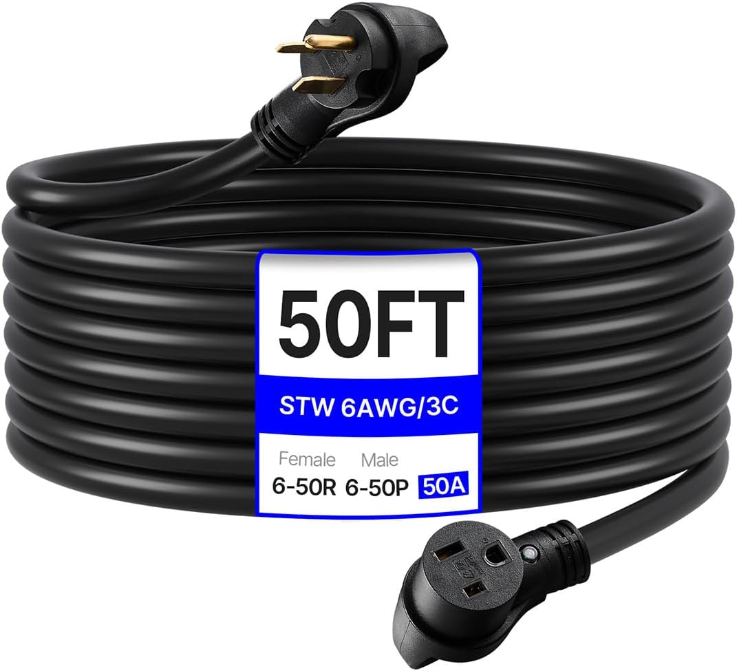 VEVOR 50 Amp Generator Extension Cord 50 Feet, 250V 12500W Heavy Duty Power Cable, NEMA 6-50P to 6-50R SWT 6 AWG Welder Extension Cord, with Storage Bag, for Generator, ETL Listed