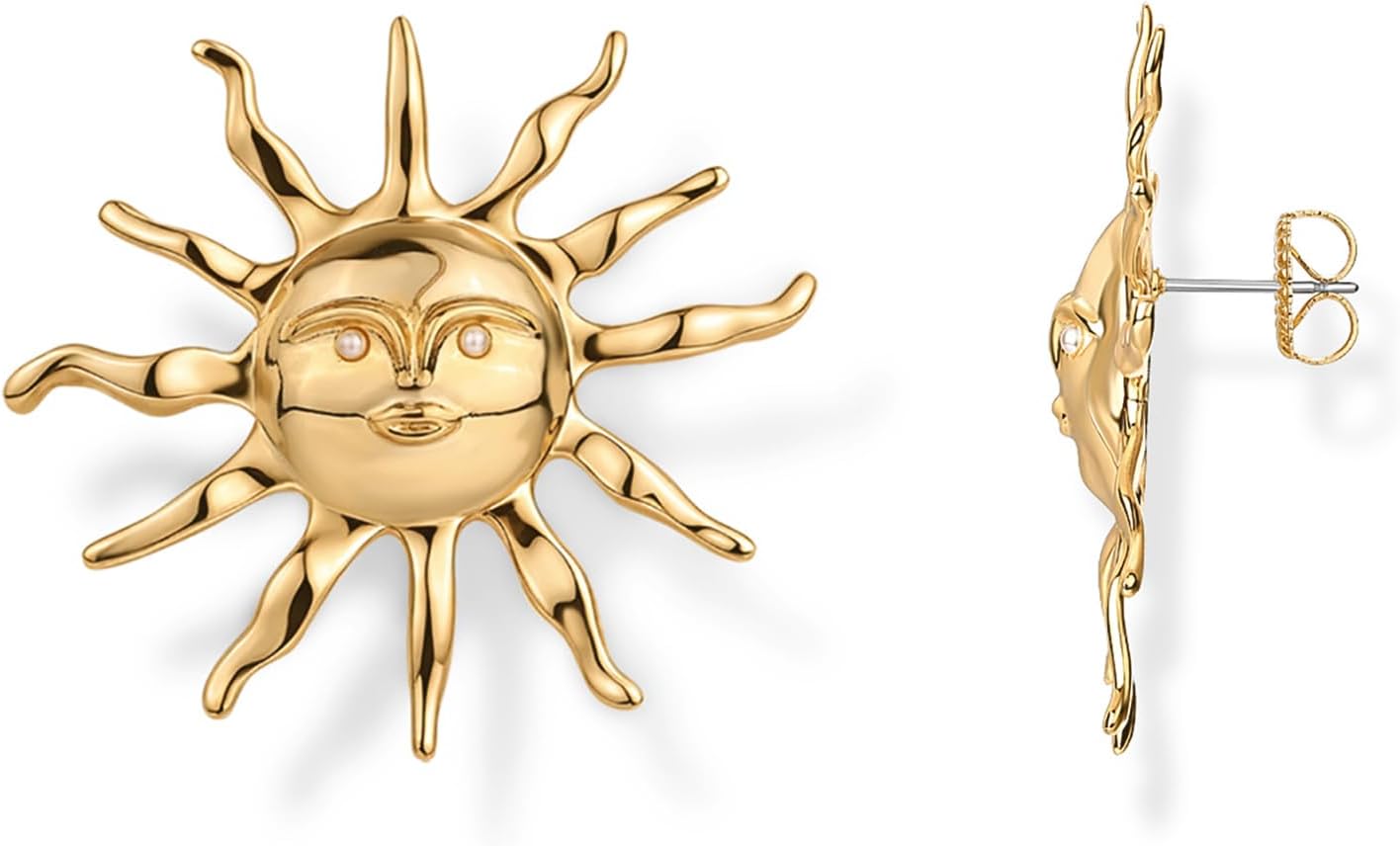 PAVOI 14K Gold Plated Statement Sun Earrings for Women - Chunky Sun Stud Earrings - Gold Big Celestial Studs with Pearls - Trendy Summer Jewelry