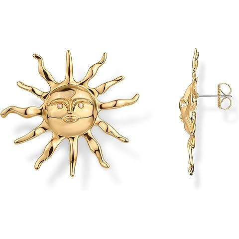 PAVOI 14K Gold Plated Statement Sun Earrings for Women - Chunky Sun Stud Earrings - Gold Big Celestial Studs with Pearls - Trendy Summer Jewelry