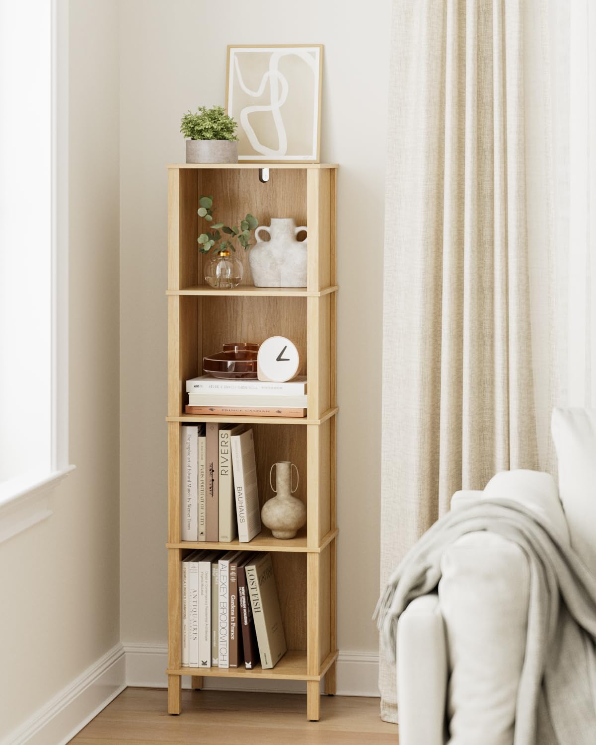 Bibliothèque à 5 niveaux, étagère d'angle, étagère de rangement pour salon, bureau et chambre à coucher, chêne