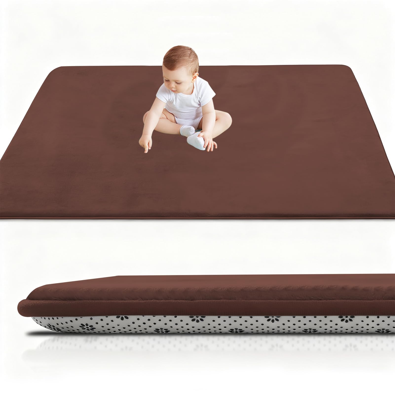 RxueSug Thick Padded Baby Crawl Mat 200 x 260 cm x 2cm, Baby Play Mat, Foldable Kids Playmat, Large Activity Play Mat, Non-Slip, Waterproof, Playpen Mats Design for Crawling, Learning Brown