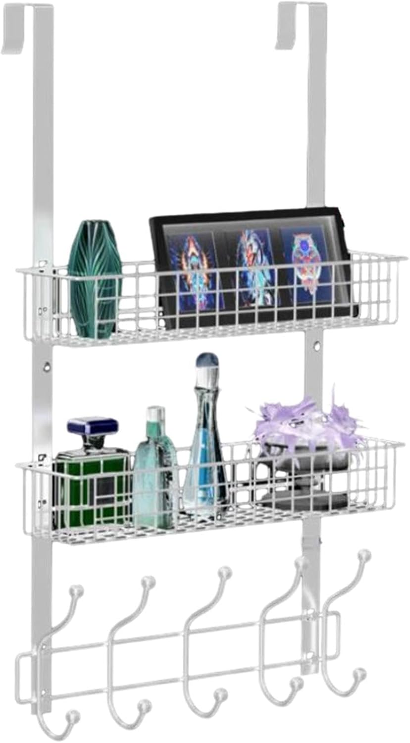 Back Door Organizer | Wardrobe with Over-Door Coat Hangers & Basket | Laundry Organization – Perfect for Bedrooms, Living Rooms, Kitchens, Offices, Bathrooms,DREI Schichten Von Weiß