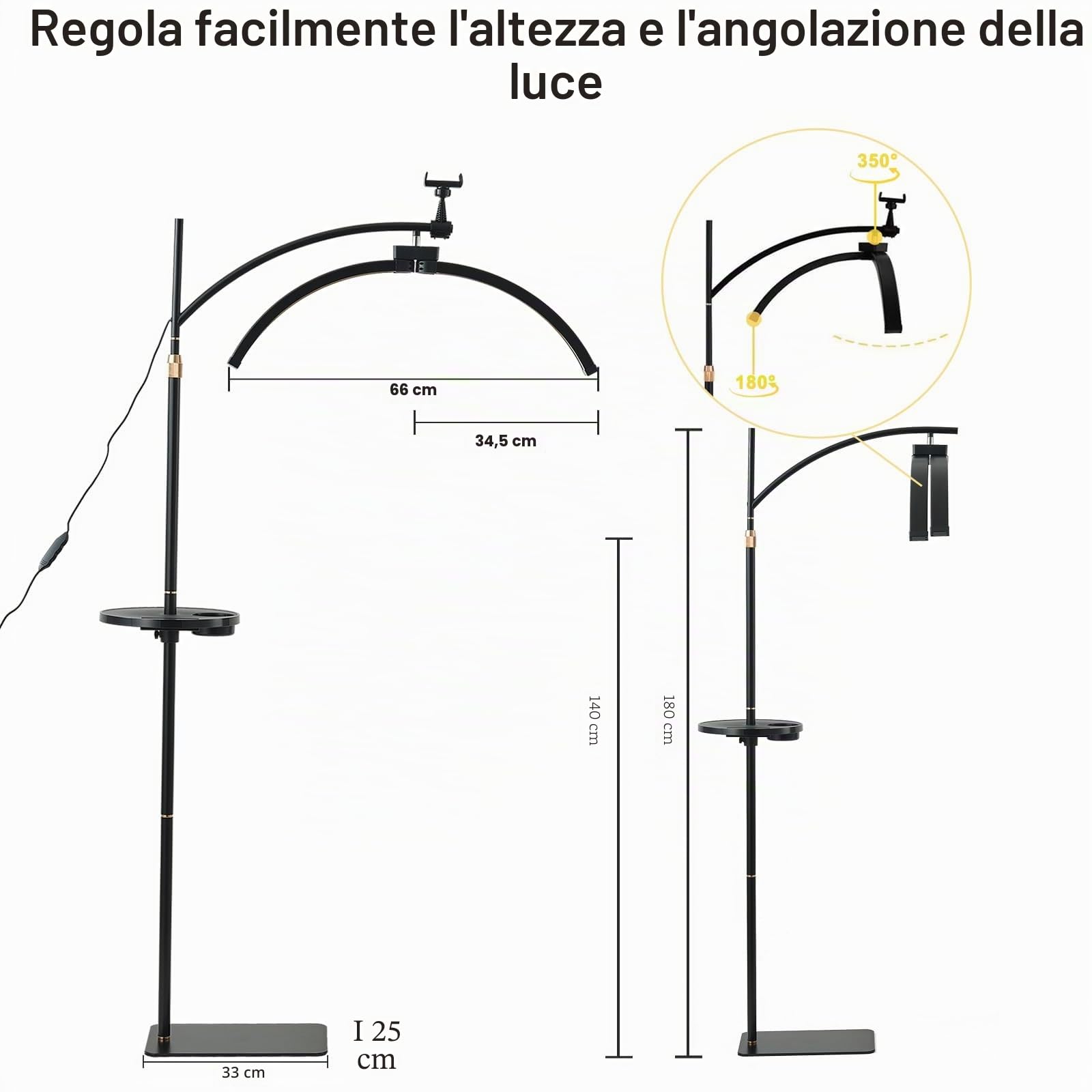 Lampada da Terra a LED, 45 W, per Ciglia, Luce Regolabile 3-6000 K, Nero, Acrilico e Alluminio