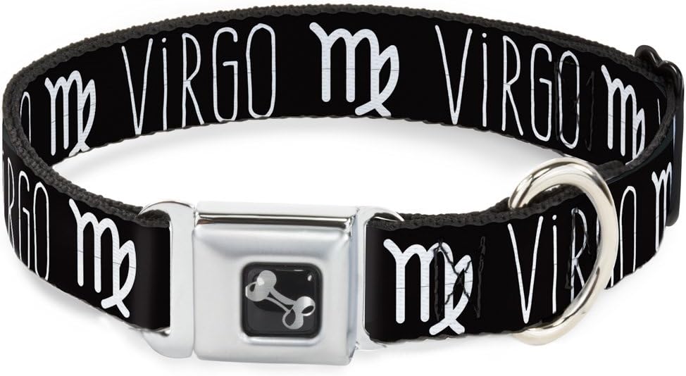 Dog Collar Seatbelt Buckle Zodiac Virgo Symbol Black White 15 to 26 Inches 1.0 Inch Wide