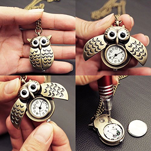 Vintage Cute Flying Owl Pocket Watch, Long Chain Sweater Pendant Necklace, for Women Men Birthday Christmas Gift (Wings)3