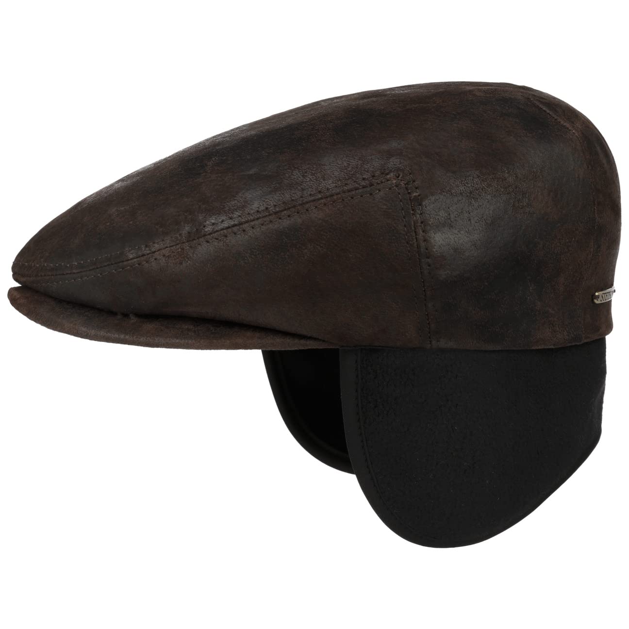 Stetson Kent Pigskin Flat Cap with Ear Flaps Men Dark Brown 7-7 1/8