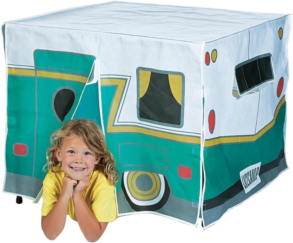 Camper Themed Card Table Tent and Fort Cover - Turns Any Card Table into a Playhouse Fort - Easy to Setup - Kids Toys and Creative Play