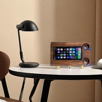 Premium Black Walnut Wooden Universal Office Desktop Phone Support Stand Holder with Sound Amplifier - Artistic Craftsmanship, Enhancing Sound Quality, and Convenient Charging Port