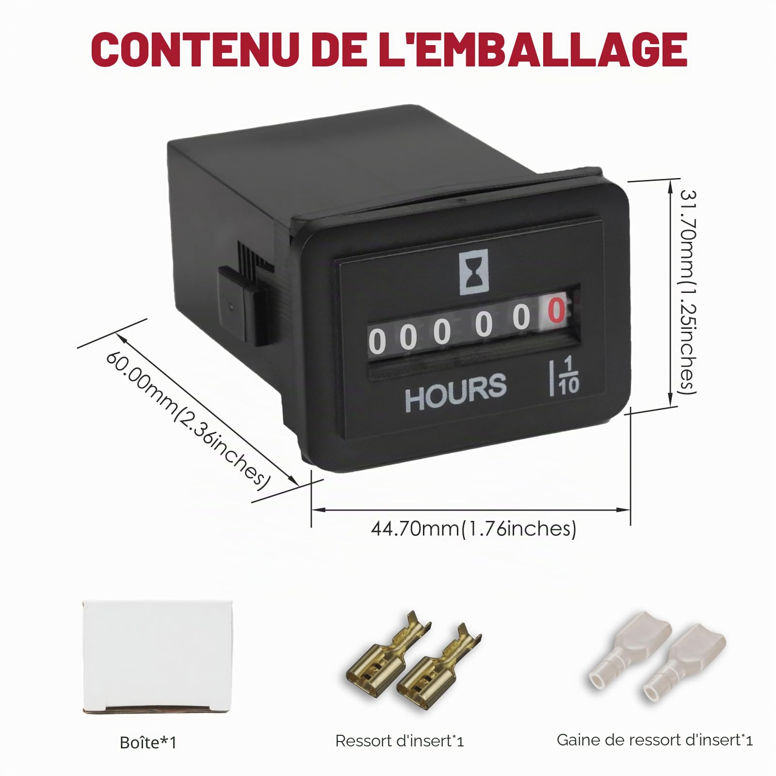 Compteur d'heures Mécanique Rectangle Compteur d'heures Moteur Snap-in, pour Appareil Alimenté par Batterie Tondeuse à Gazon Tracteur Générateur Fourche Élévatrice (S- DC 6-80V)