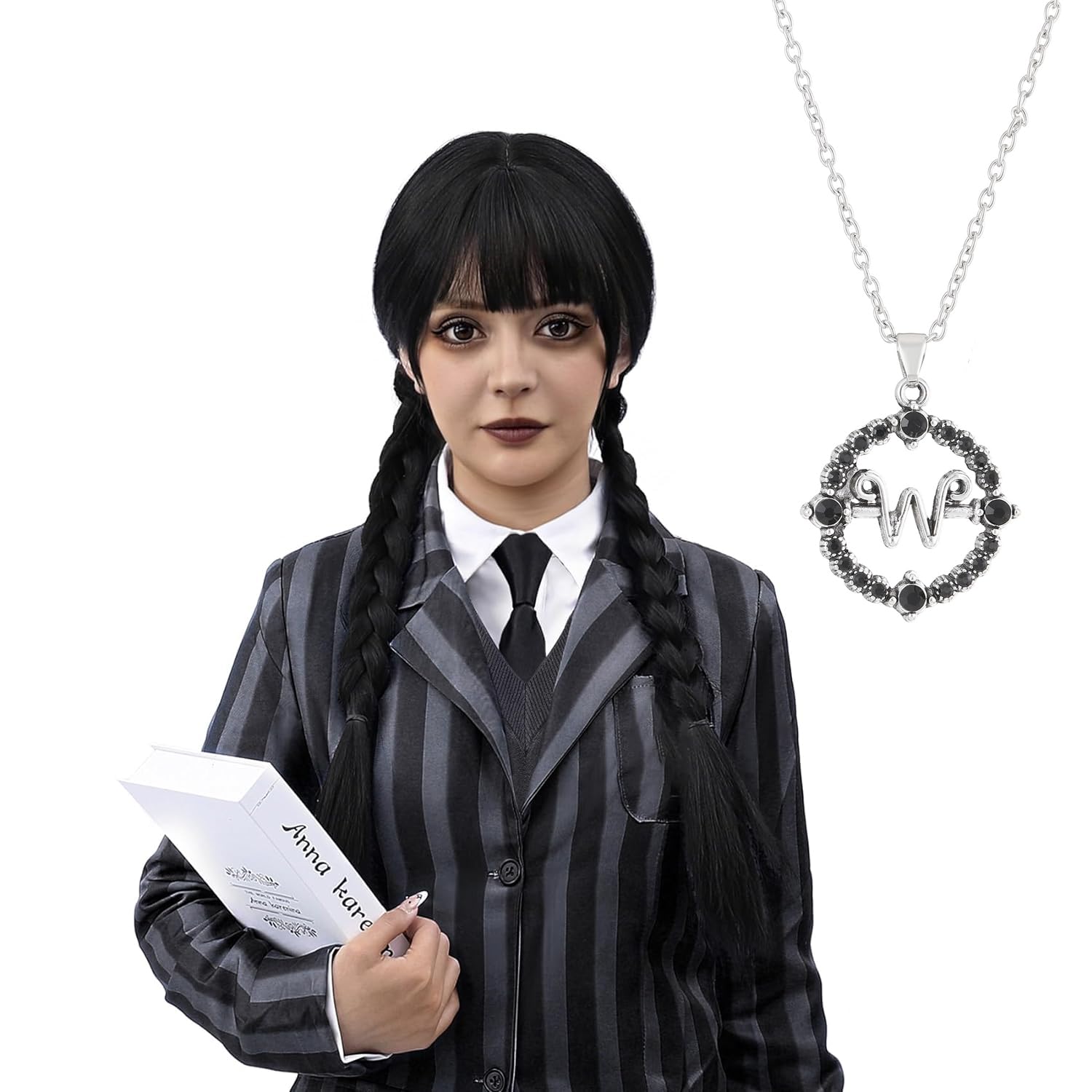 PORSMEER Wednesday Long Braided Wig with Necklace Adams Ghosts Costume Wig for Women Halloween Gothic Costume Hair School Role-Playing Party