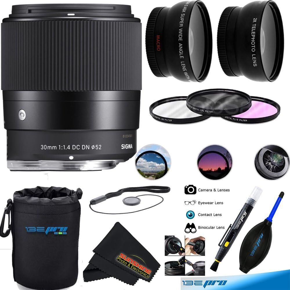  Sigma 30mm F1.4 DC DN Contemporary Lens for Sony E-Mount  Mirrorless Cameras 302965 Bundle w/Deco Gear Photography Accessory Kit +  52mm UV Polarizer FLD Filter Set + Photo Video Editing