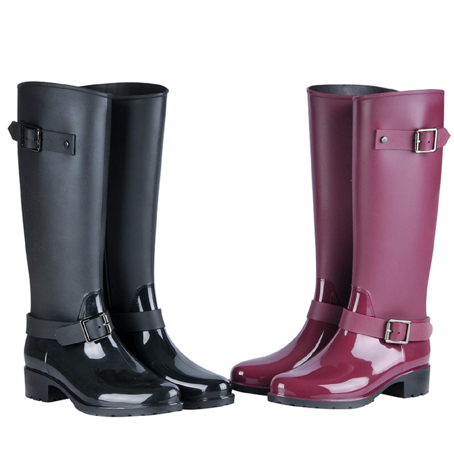 AONEGOLD Botas de Agua Mujer Lluvia Altas Zapato Impermeables Ajustable Cremallera y Hebilla Goma Botas Wellington