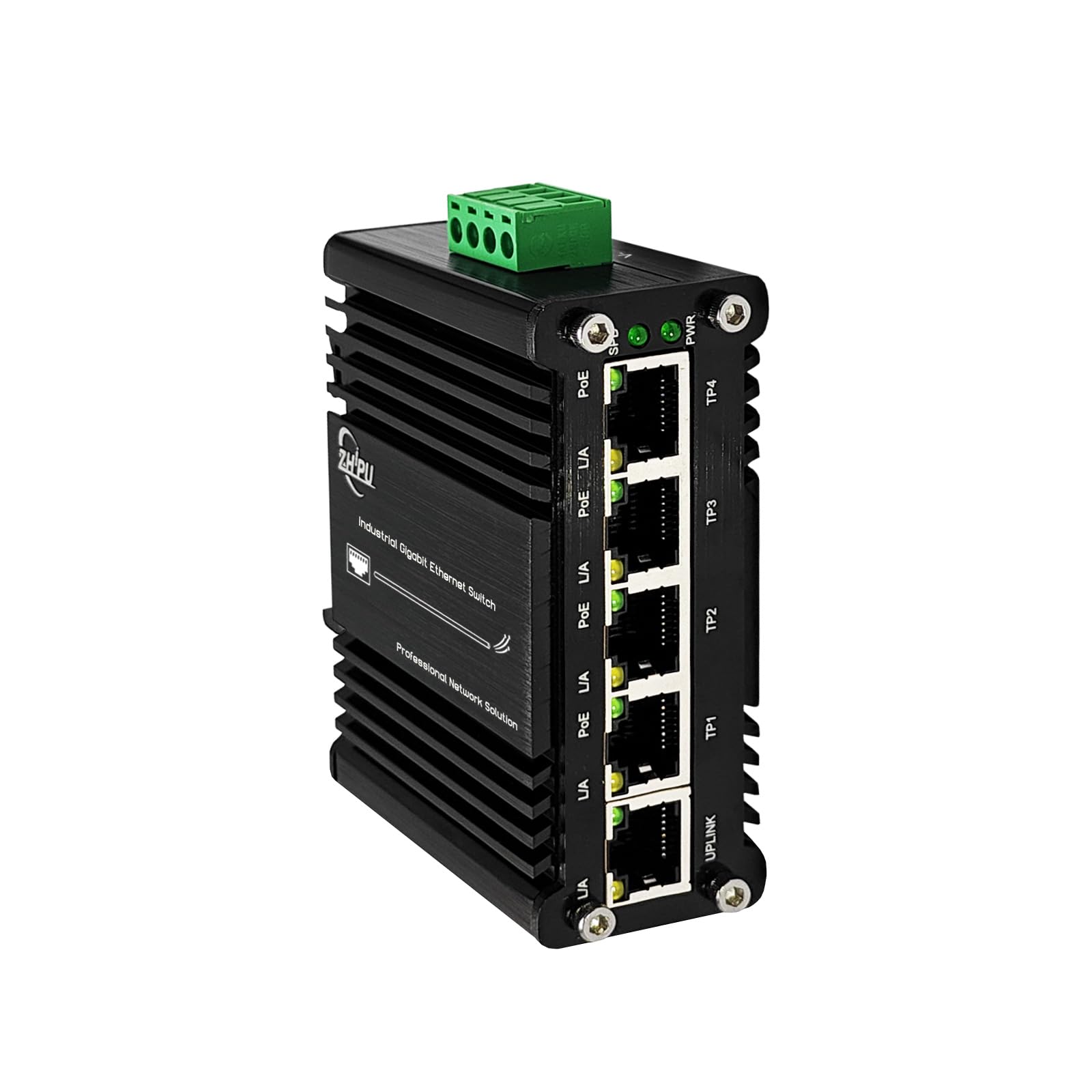 Industrial 5-Port Gigabit Passive PoE Switch, Support DC12V-24V to DC24V PoE, 4×24V/18w PoE Ports, Heavy Metal Case, DIN Rail Mount, Compact IP40, Ideal for Solar Power/RV Truck/VoIP Systems