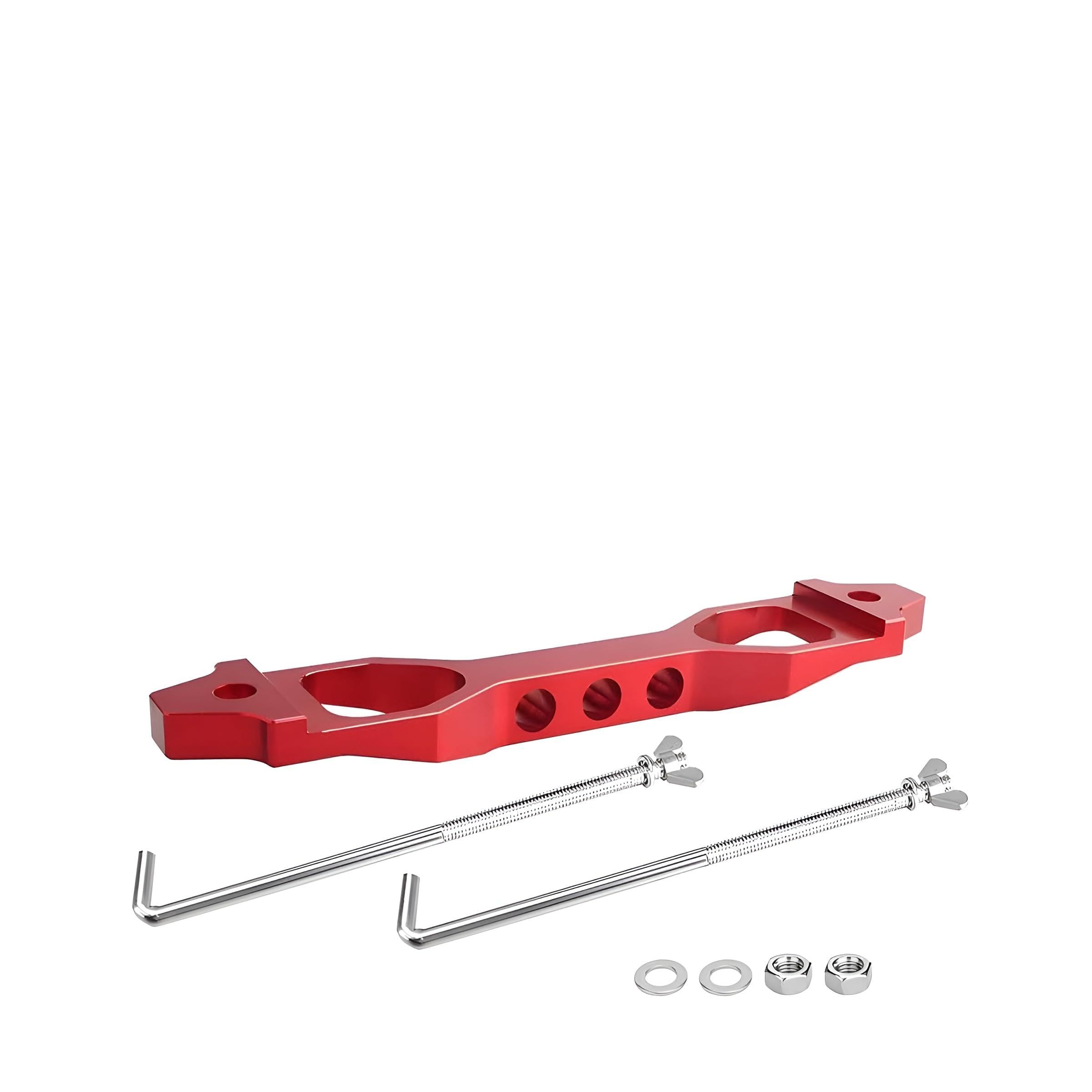 AICEL Battery Hold Down Sets, Billet Aluminum Alloy Car Battery Tie Down Bracket, Automotive Crossbar Holder Lock Mount with Galvanized Iron J Bolts, Car Accessories for Most Vehicles (Red)