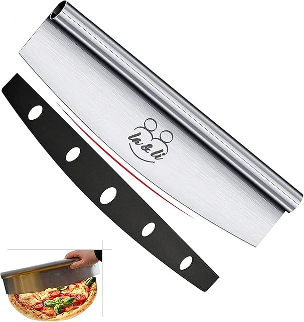 La & Li 12" Pizza Cutter w/ Cover - Rocker-Style Dough Slicer for Cutting, Slicing and Chopping - Curved 430 SS Blade, Combined Handle - Professional Accessories and Tools for Chef or Home Cook