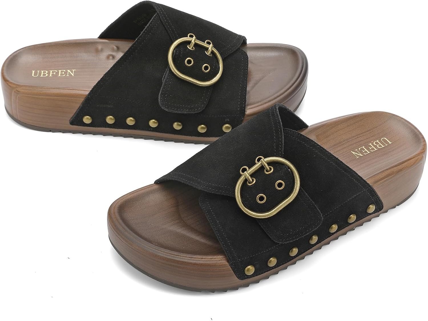 UBFEN Womens Slides Platform Sandals - Genuine Leather, Arch Support Comfortable Buckle Sandals for Walking