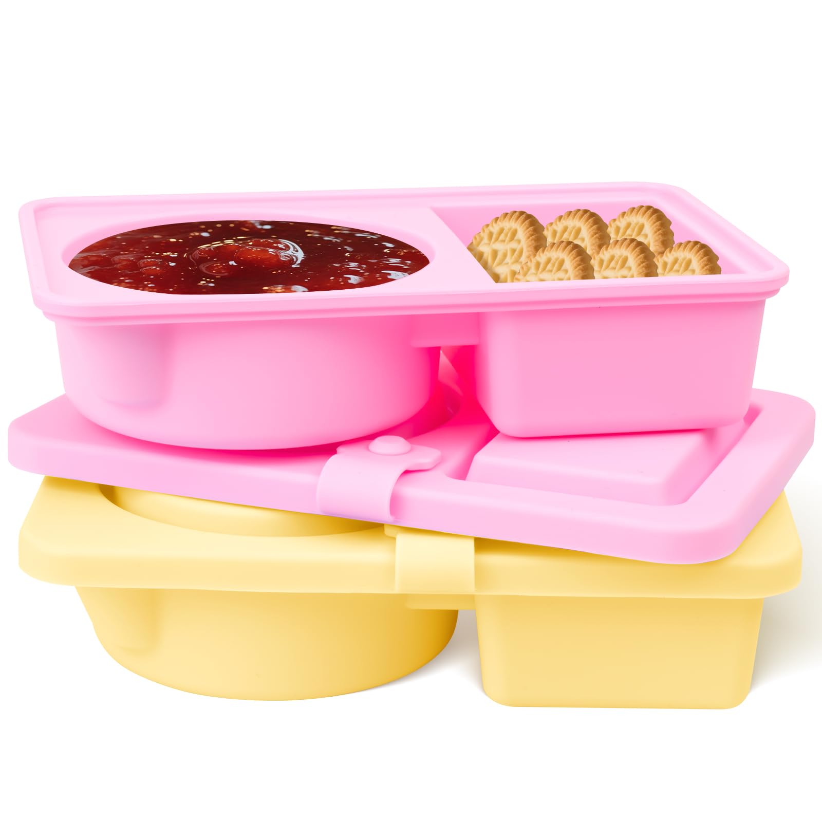KOEVSU 2-Pack Reusable Silicone Snack Containers with Lids – 2Compartment snack containers, Leakproof Travel Snackle Box, Grab-and-Go forTake-out