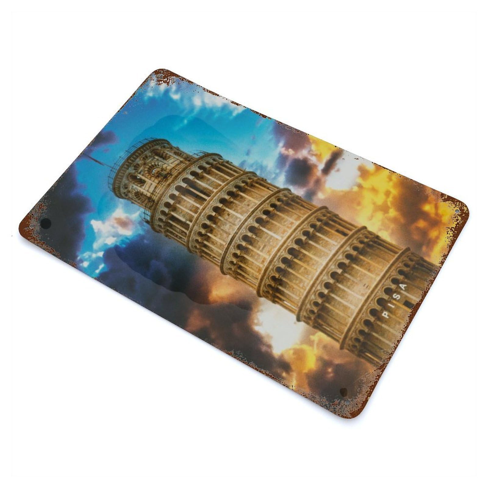 Aged Metal Wall Plaque with Pisa Design 11.8"x7.9", for Basement, Hobby Room And Garage Decor, Farmhouse Wall Decor