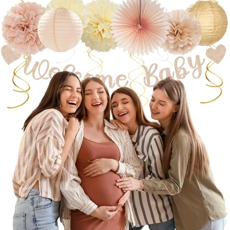 Image of Champagne-Gold Beige Fall Baby-Shower Party-Decorations - 36pcs Welcome Home Banner Sign,Neutral Paper Lanterns,Girl Streamers Garland,Boho Hanging Tissue Pom Poms Flowers Fans Backdrop Decor Burgleda