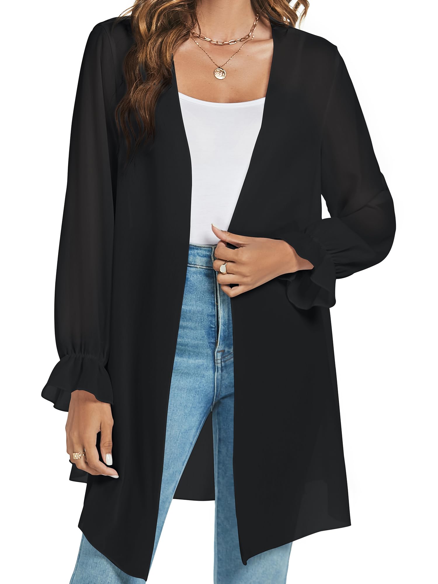 Gilet Long Léger Femme Cardigan Cache Maillots Plage à Manches Longues Ouverte Devant Élégant Veste Kimono