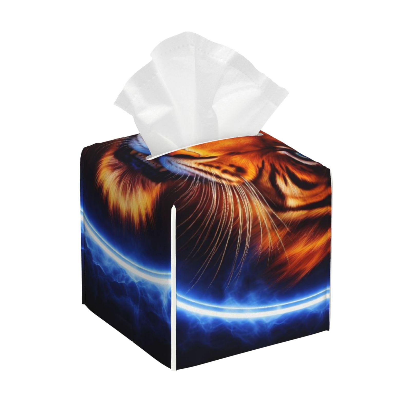 Space Tiger Blue Fire Art Leather Tissue Box Cover Holder Square Facial Paper Organizer 5.2" X 5.2" X 5.2"