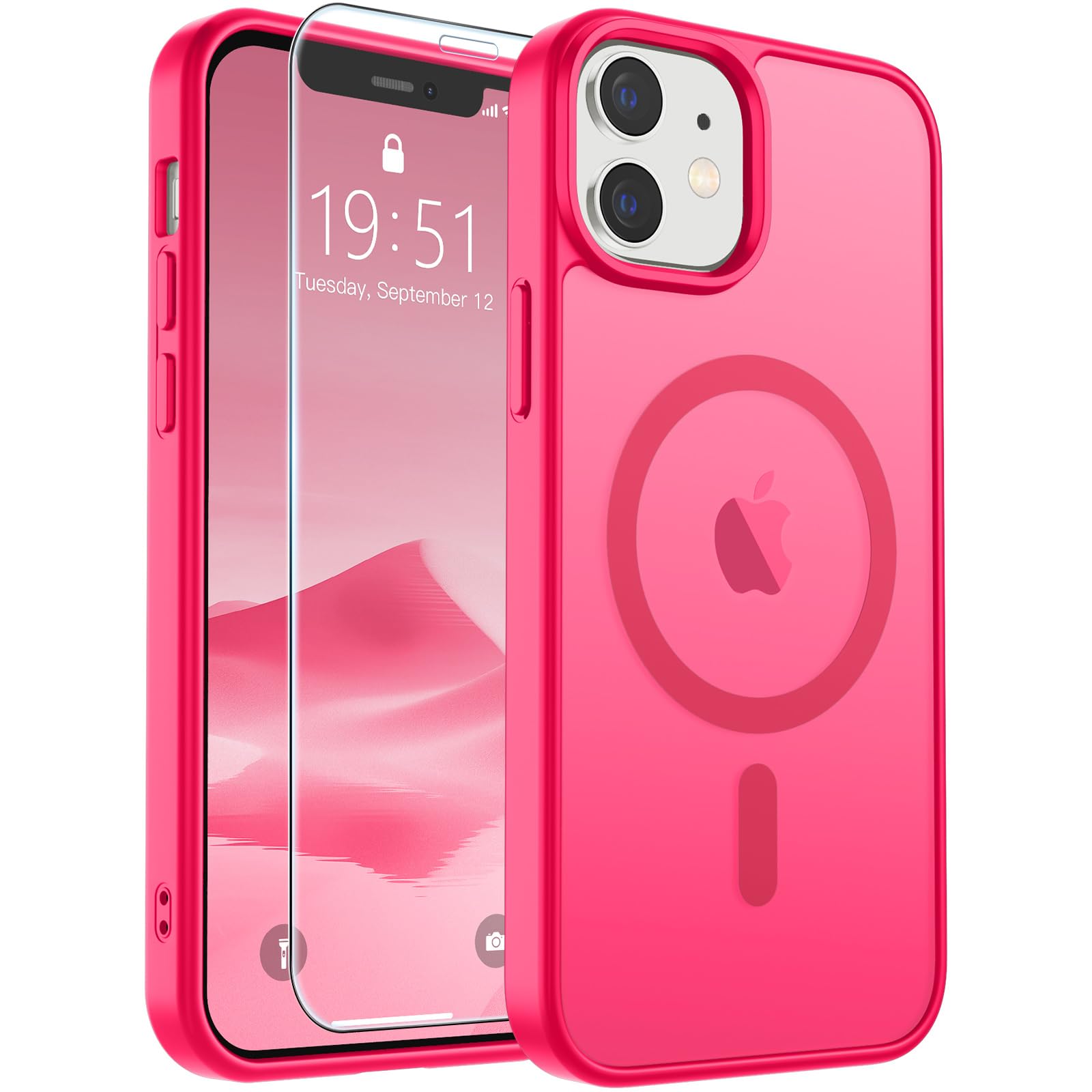 SUPFINE Magnetic for iPhone 12 Case/iPhone 12 Pro Case with Screen Protector (Compatible with MagSafe)(Military Grade Drop Protection) Translucent Matte Phone Cover,Hot Pink