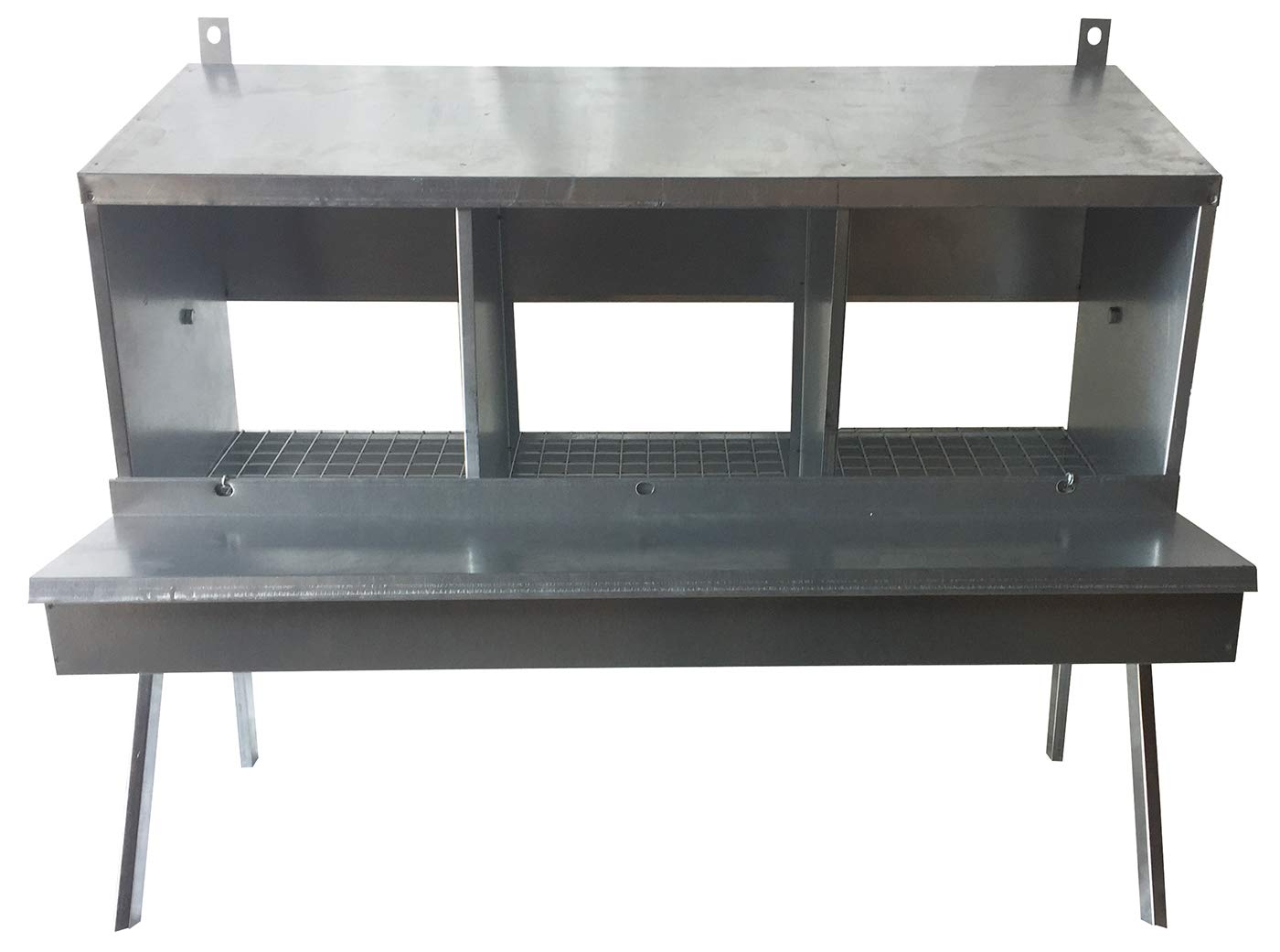 Nido a 3 Posti con Gambe di Sostegno Tutto in Lamiera e Rete Zincate per Galline Ovaiole. Massimo ingombro cm L 85 x P 42 x H 69. Solo il Nido Misura Cm L 85 x P 42 x H 45