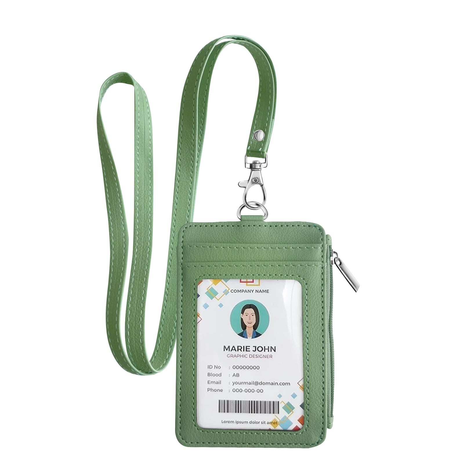 bolimoss 2-in-1 ID Badge Holder & Lanyard Wallet, Leather ID Name Badge with Side Zip Pocket for Teacher, Student, Women Small Wallet with Removable Neck Lanyard, Clear Window, 5 Card Slots,Lime Green — image 1