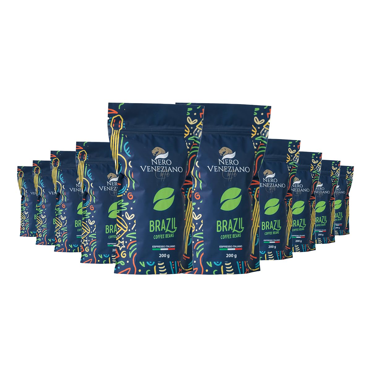Nero Veneziano Brazil Caffè in Grani 10x200 g 60% Arabica 40% Canephora, Tostatura Media, Note di Cioccolato e Nocciola, Bassa Acidità per Espresso e Automatiche