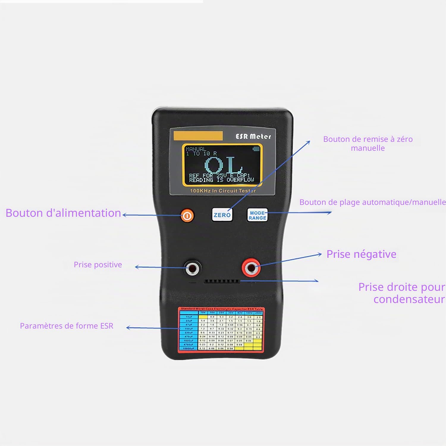 Testeur de condensateur ESR MESR-100, Testeur à Affichage Numérique, Ohm mètre, Multimètre Numérique Condensateur, Auto en Circuit LCR Jusqu'à 0,01à 100R pour Réparation de TV, LCD, Carte Audio