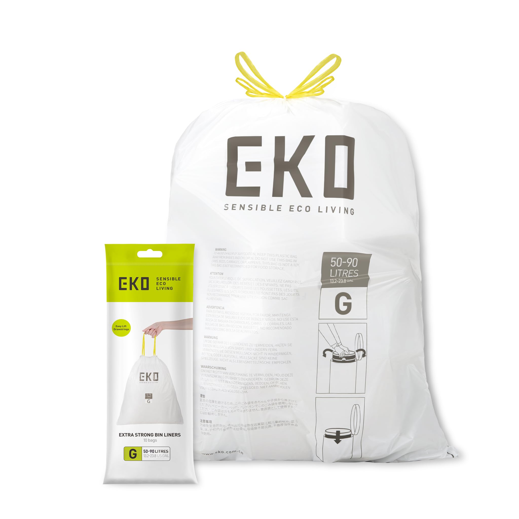 EKO 50-90 Litre Drawstring Bin Bags, Heavy Duty Kitchen Bin Liners for Large Recycling Bins, Leakproof and Tear-Resistant for Waste & Recycling, Unscented Food Waste Bags, 10 Count, Code G, White