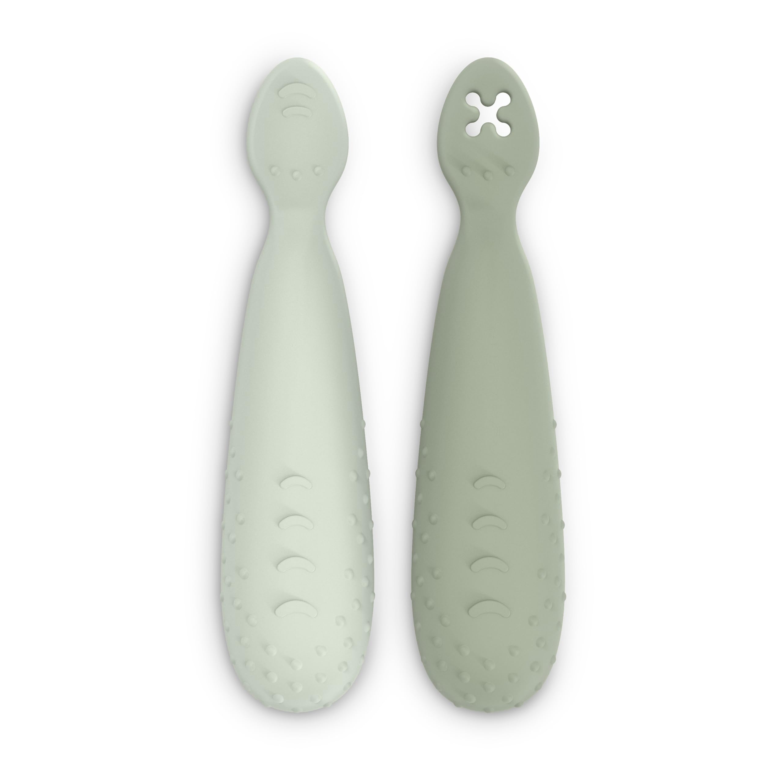 Suavinex, Pack of 2 Pre-Learning Spoons, Silicone Spoons with Textured Flat Tip, Ergonomic, Symmetrical Shape, Dishwasher-Safe, +6 Months, Green, 2 Units