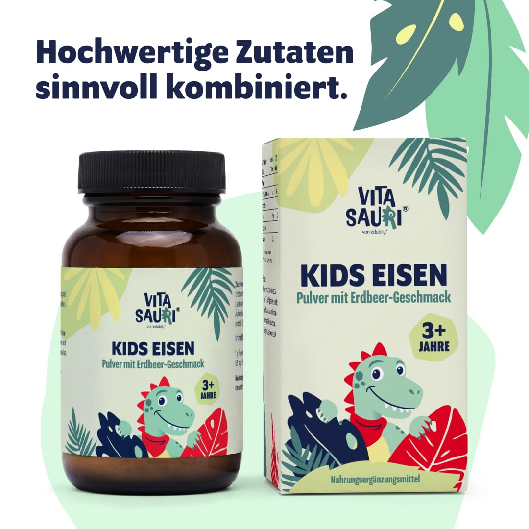 Kids Eisen - Eisenpulver für Kinder mit Lactoferrin & Vitamin C aus Acerolaextrakt - Leckerer Erdbeer-Geschmack - Vegetarisch - Ohne Zucker (65 g)