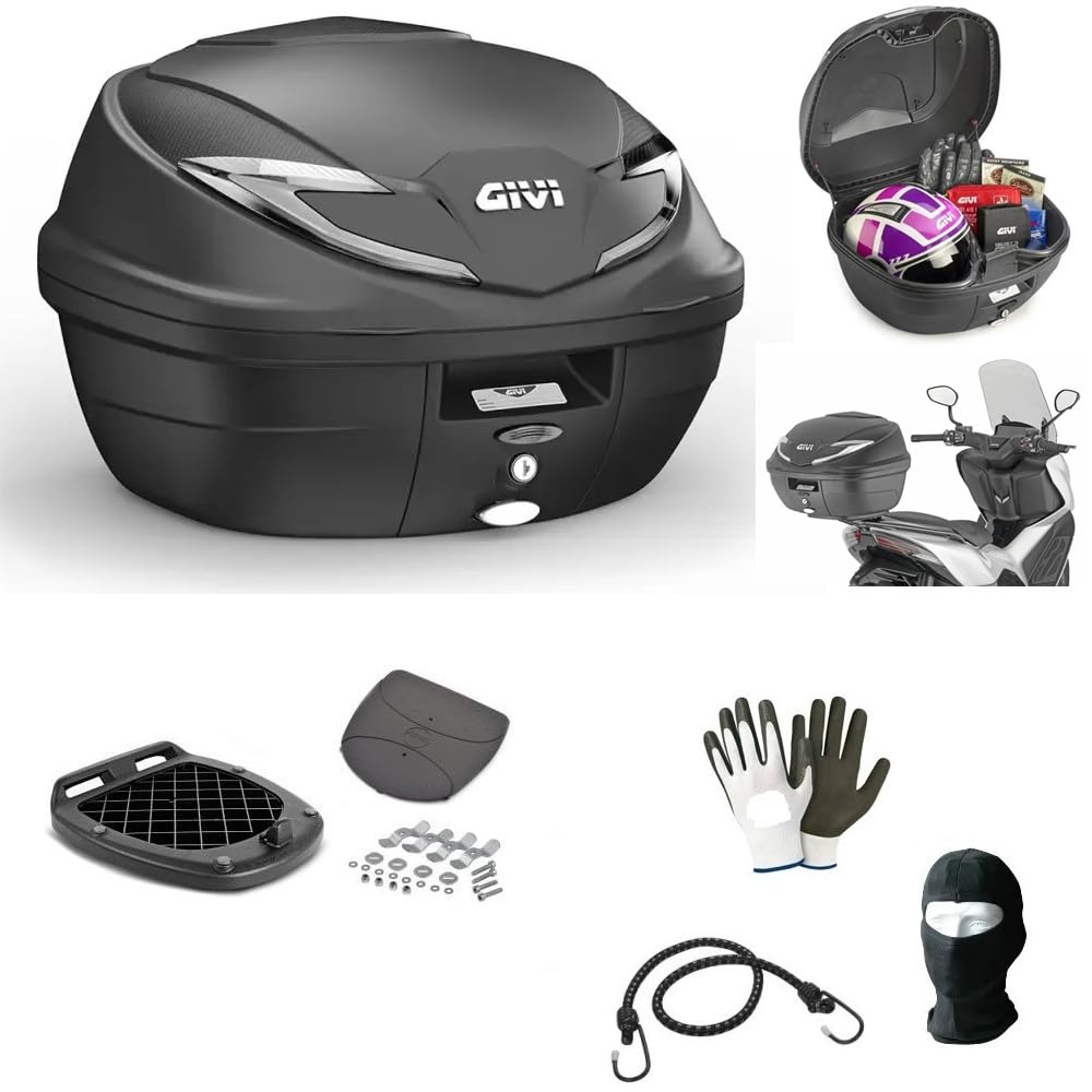 COMPATIBILE CON P IAGGIO BEVERLY 300 HPE BAULETTO B360NT2 TECH VALIGIA 39 LITRI+KIT CON ATTACCO AL PORTAPACCHI POSTERIORE MOTO SCOOTER BAULE+PIASTRA CAPIENZA 2 CASCHI
