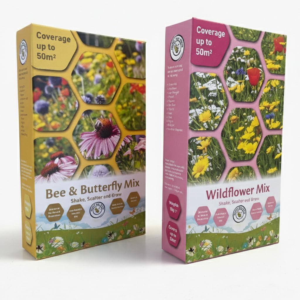 Pretty Wild Seeds Bee & Butterfly/Wildflower Mix Boxes | 2x50m2 Twin Pack, 100m2 Coverage | Wildflower Seed Mix Attracts Bees and Butterflies UK Pollinators