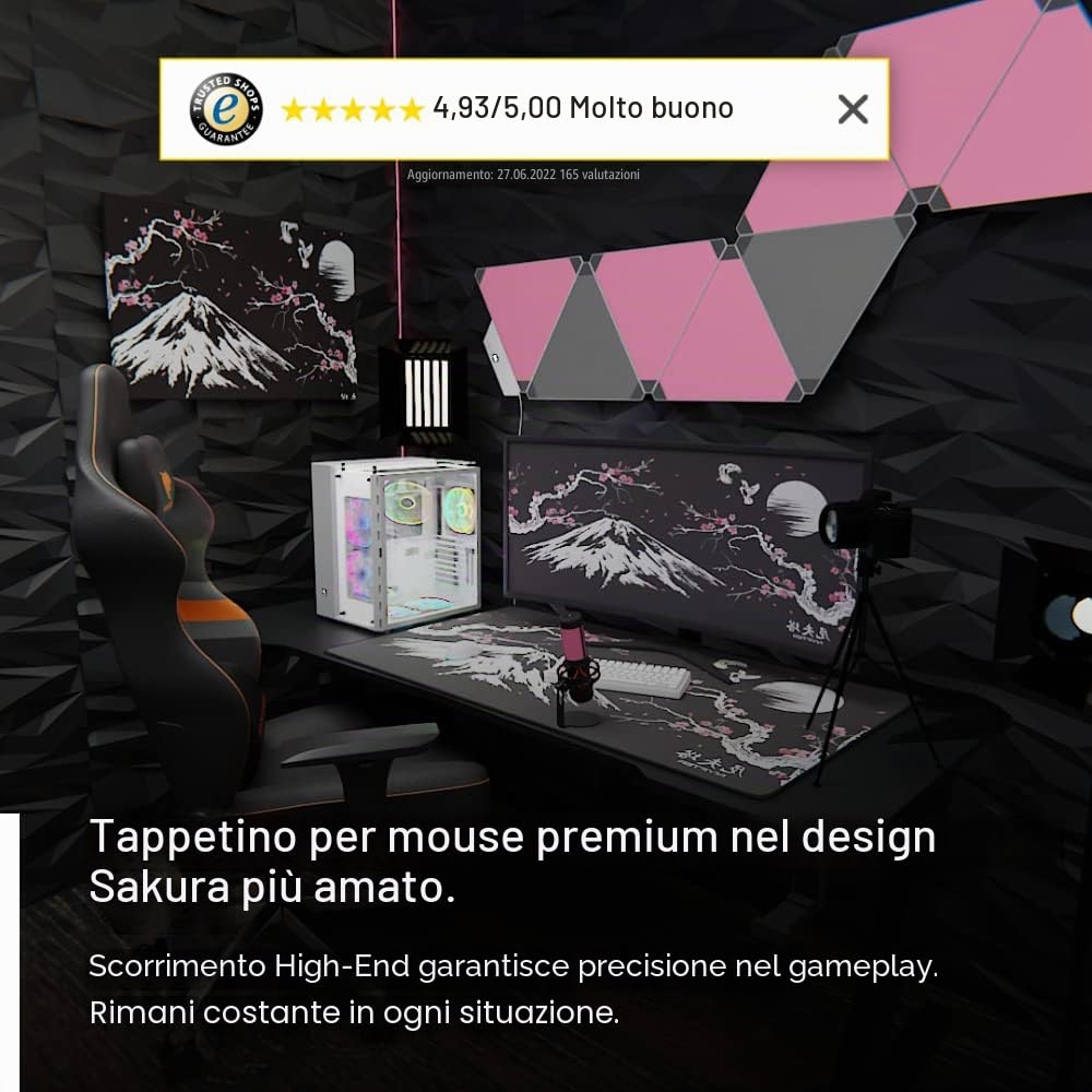 Nyfter - Tappetino per mouse da gioco 3XL Sakura nero 1200 x 600 mm Premium Fuji Mousepad Size Grandi bordi cuciti durevoli con Glide di alta qualità e antiscivolo Speed Gaming Mousepad