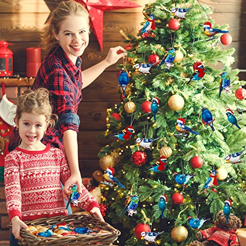 Spiareal 32 Pieces Cardinal Christmas Tree Ornaments Blue Bird Wood Hanging Ornaments With A Santa Hat Red Scarf Ornaments Christmas Blue Bird Wooden Hanging Sign Gift Tags For Xmas Tree Wreath Decor #TOP5