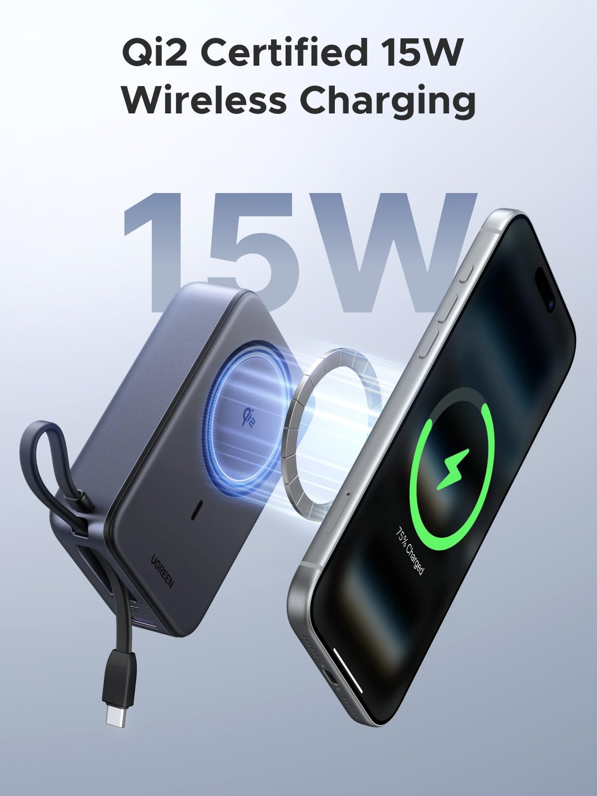 UGREEN Zapix 20000mAh Qi2 15W Magnetyczny Powerbank z USB-C 30W | Certyfikat Qi2, Zintegrowany Kabel, iPhone 17–12, Przyjazny dla skóry, Idealny do podróży i dojazdów do pracy