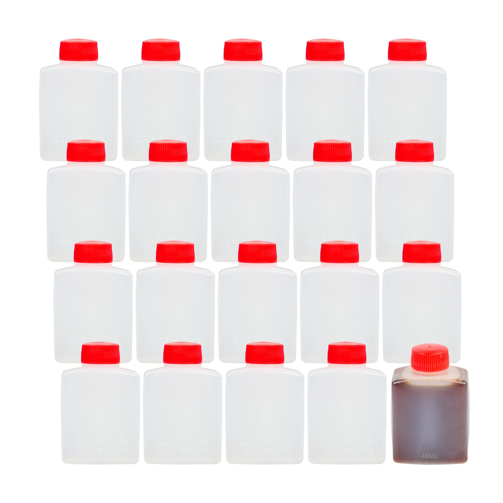 Restaurantware -Bento Tek - Mini botellas de salsa de soja de 2 onzas, 100 mini botellas desechables para condimentos con tapas rojas, paquete de condimentos, vinagre o salsa, botellas de plástico