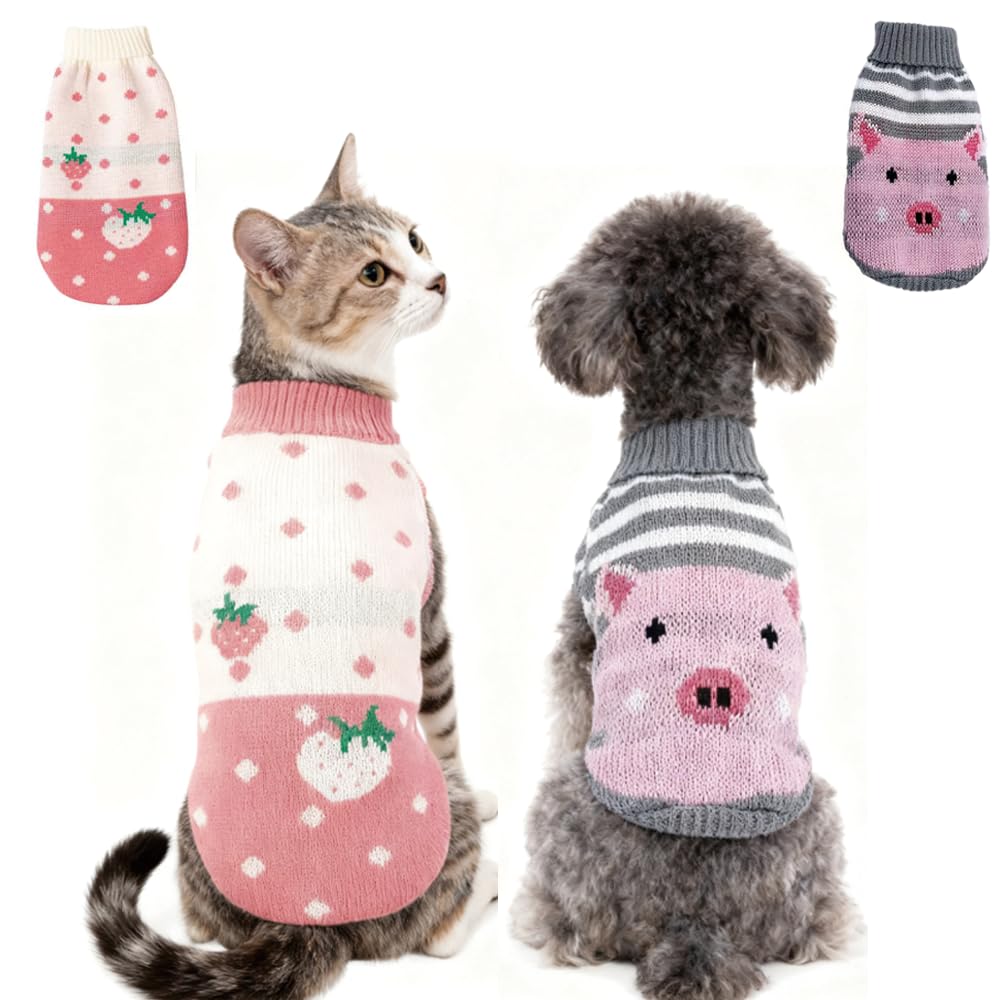 Knitted Cat & Dog Jumper Set - 2 Pack Winter Jumpers For Small Pets, Cosy Turtleneck Sweaters With Strawberry & Pig Design, Cute Birthday Gift
