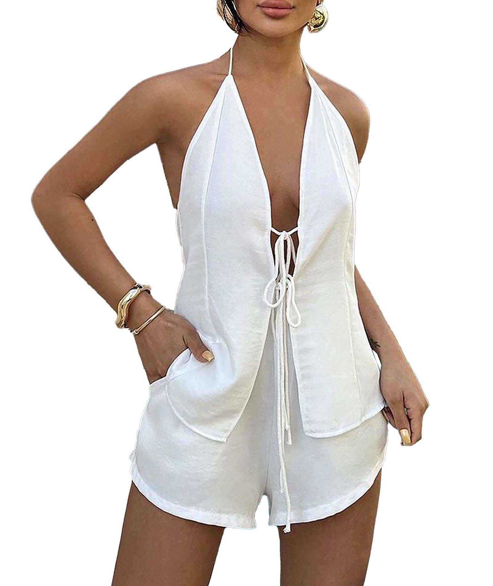 xxxiticat Womens Two Piece Shorts Set Sleeveless Halter Front Tie Up Vest Top Casual Beach White Resort Matching