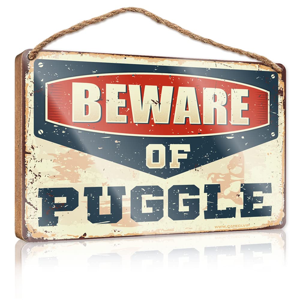 FZFN Door Sign For Bedroom Beware Of Puggle Wooden Sign Wall Hanging Decor Sayings Farmhouse Bathroom Sign(15X28CM)