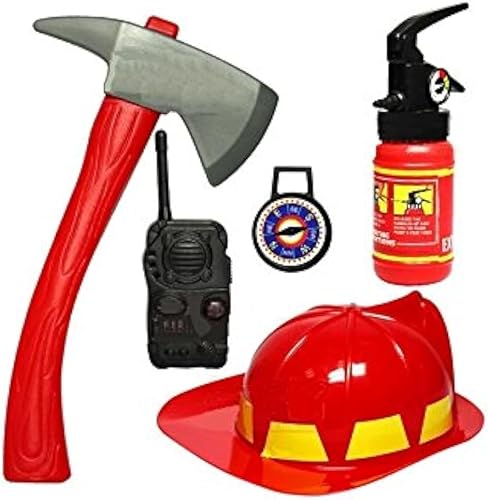 EBTOYS Disfraz de bombero para Halloween, Navidad, bombero, juego de disfraces y kit de juguetes de bombero, 5 piezas