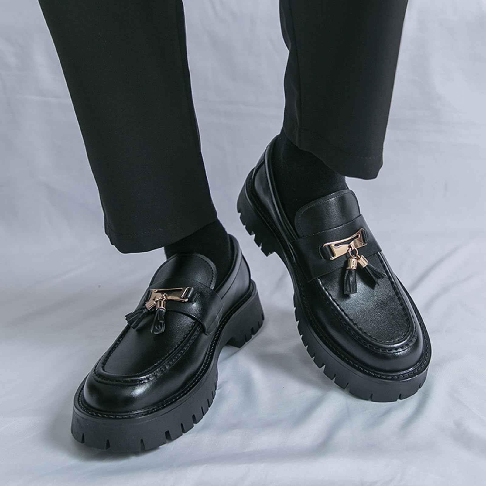 Mocasines Hombre Piel PU con Borlas Zapatos Vestir Casual Suela Gruesa