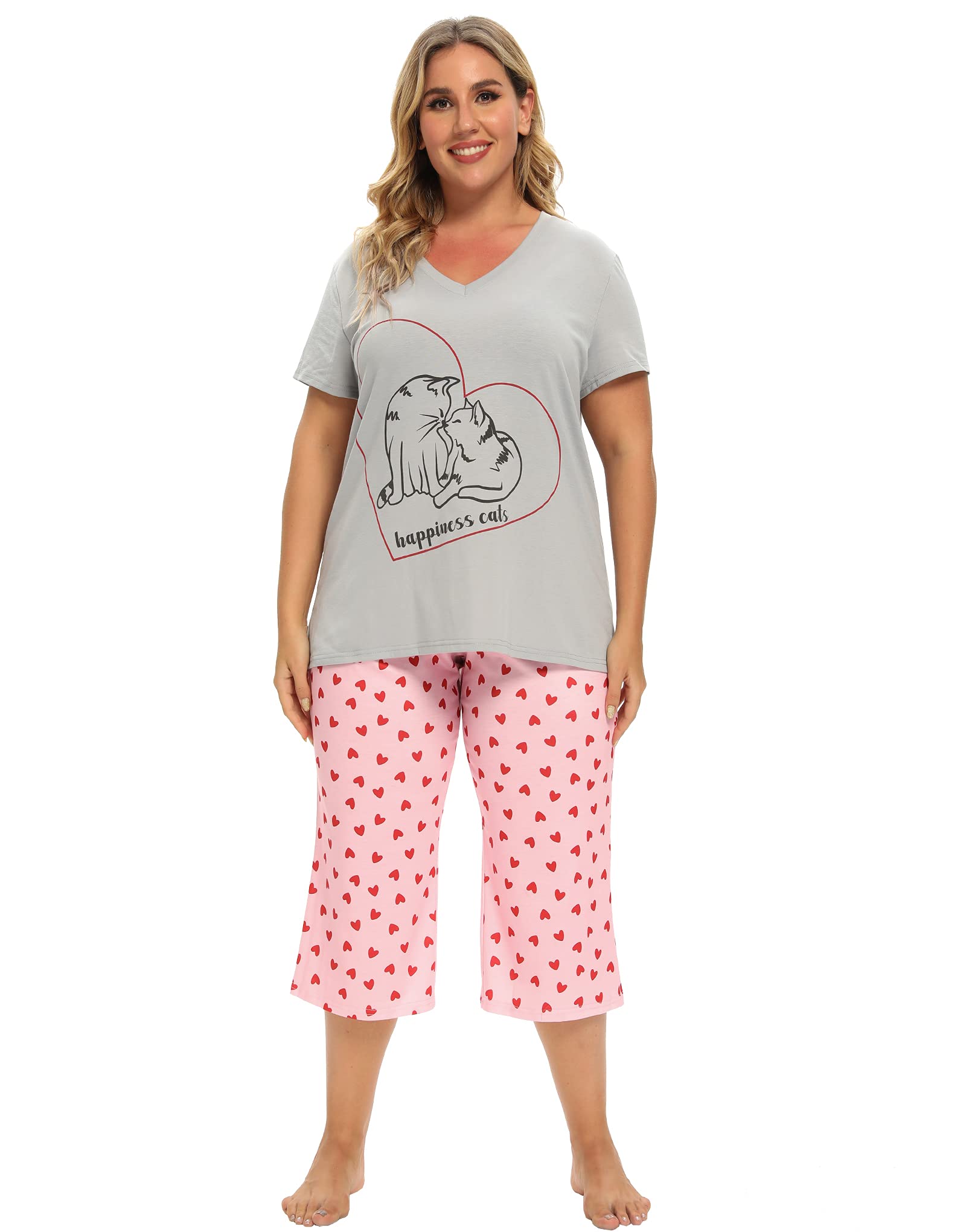VozanetWomen's Pajamas Set Soft V Neck Sleepwear Top and Capri Pj Lounge Sets Cartoon Heart Shape Cat Nighty Plus Size
