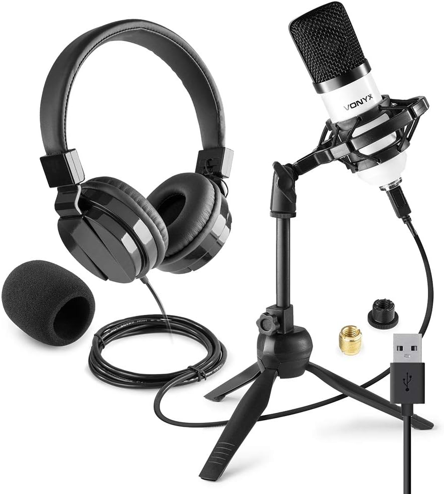 VONYX USB Studio Condenser Microphone and Headphones Set CM300W VH120 for PC Mac Streaming Podcasting, Complete Home Recording Kit with Tripod Stand and Shock Mount