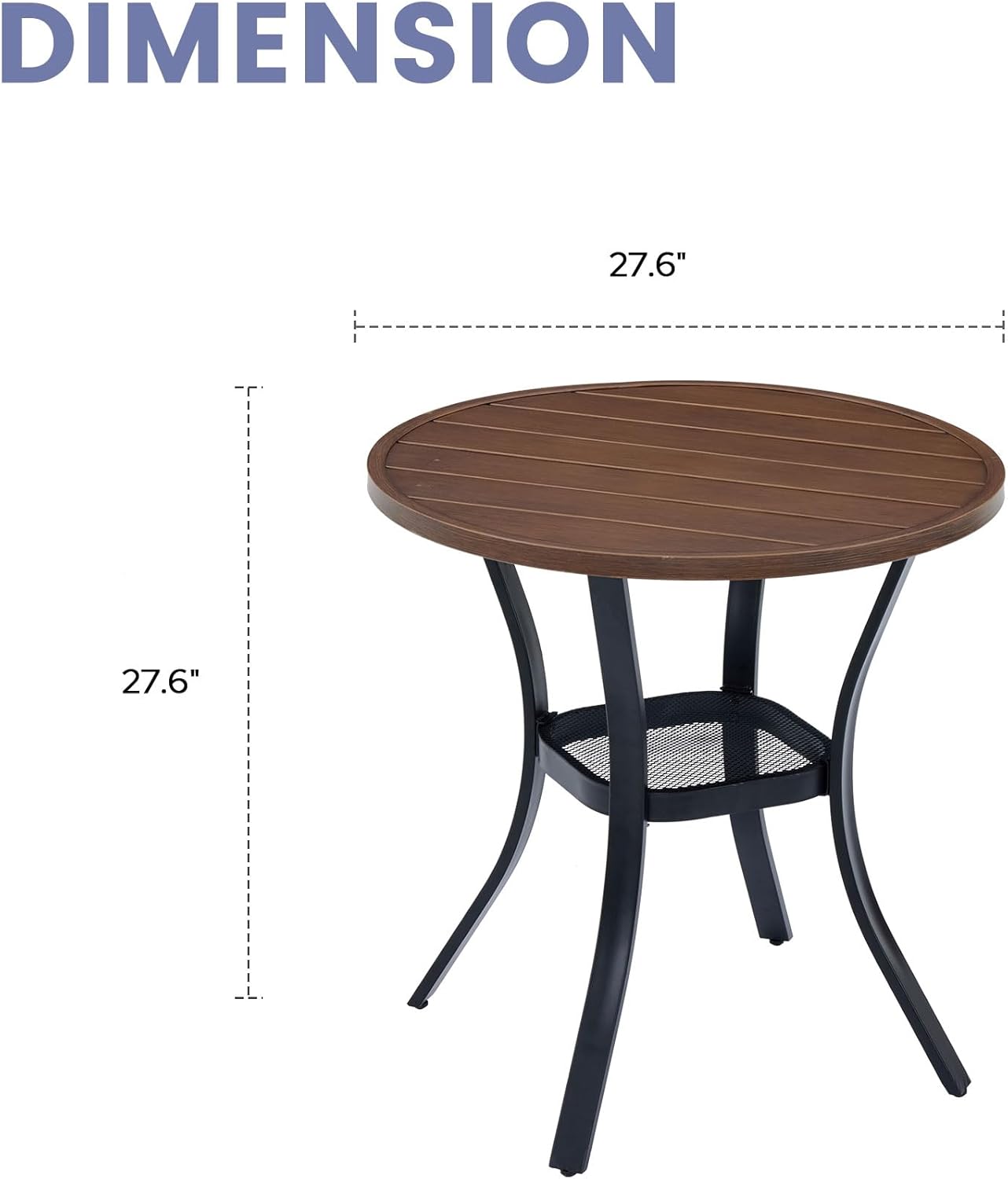 VICLLAX Small Patio Dining Table for 2, Round Metal Slatted Tabletop with Storage Shelf for Front Porch Lawn Garden, Walnut Tabletop(No Umbrella Hole)