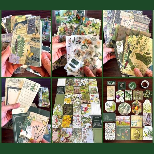 Image of VIBE VISTA Vintage Scrapbook Kit - 346 Pcs A6 Grid Notebook, Washi, Envelopes, Papers, Folding Labels, Background Papers, Photo Frames, Calendar Stickers - Cyan Looked At Wild Dome, Green