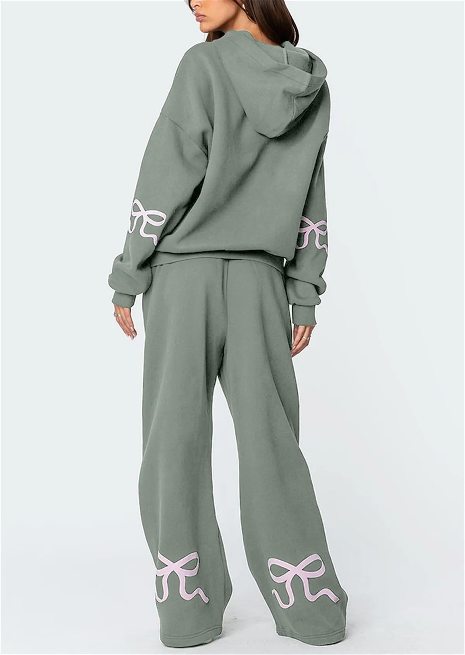 Conjunto deportivo de 2 piezas para mujer, conjunto de estampado de lazo, sudadera con capucha y pantalones deportivos para mujer, sudadera con lazo para mujer